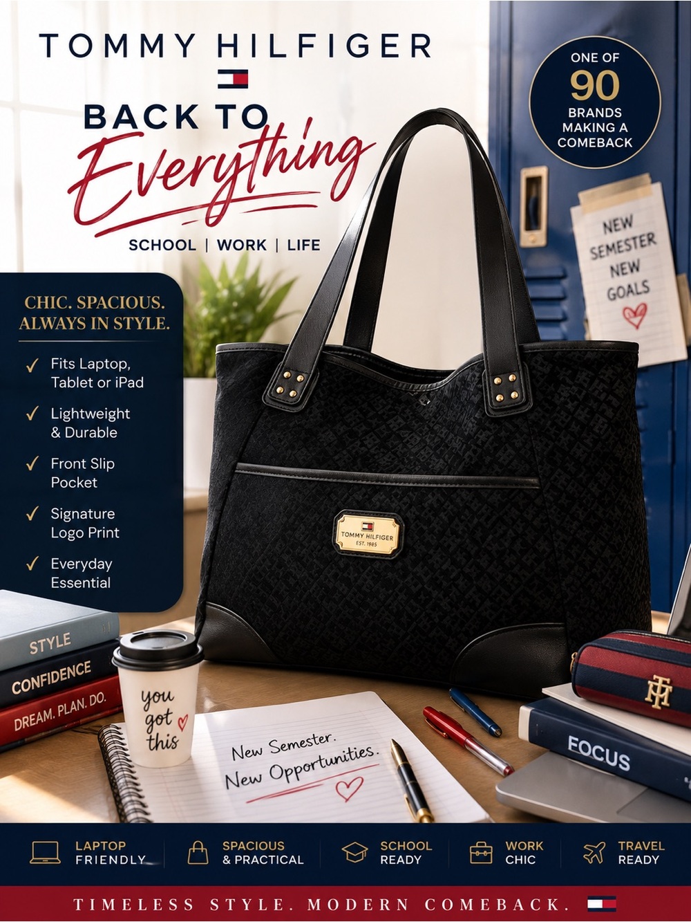 Tommy Hilfiger Black Signature Logo Laptop Tote | Work - School - Travel Bag